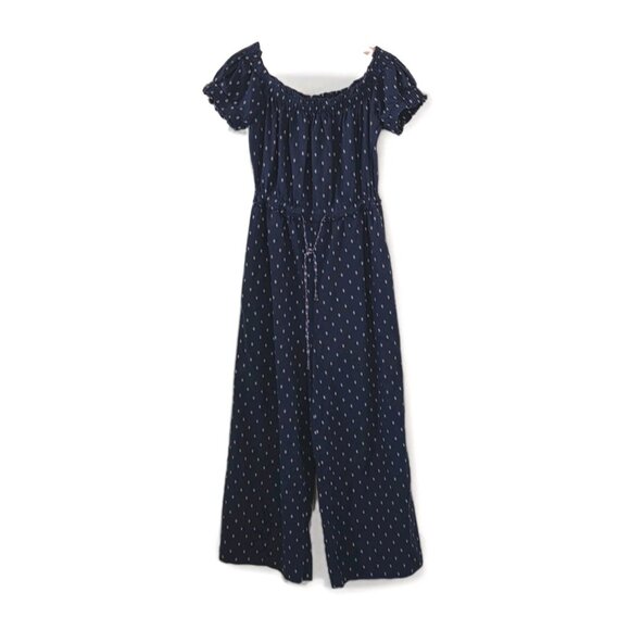 Anthropologie Romper Womens S Navy Geo Pattern Wide Leg Square Neck Ruffle Boho - Picture 1 of 16